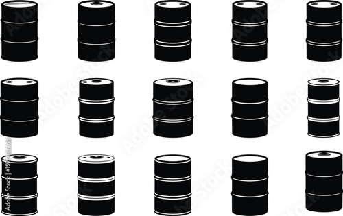 Group of black silhouette oil drums or industrial barrels with metal bands and tops on a white background