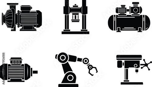 Industrial machines and robotic arm silhouettes for manufacturing and engineering designs