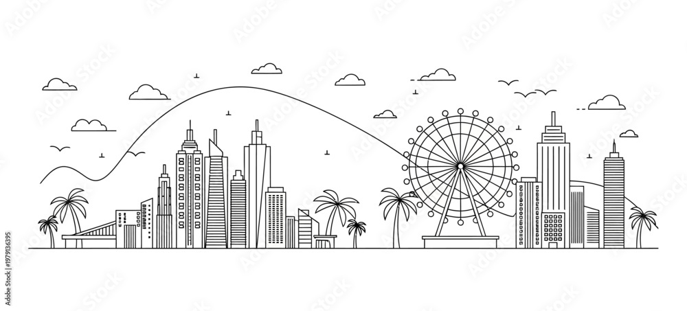 Obraz premium Wide panoramic line art city skyline silhouette with mountains ferris wheel and tropical palm trees