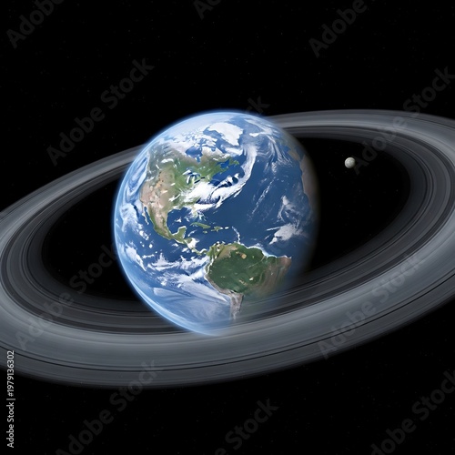 Earth planet with rings in space.