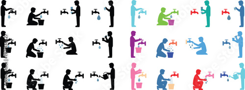 Silhouettes of people at a water tap. Vector icon set for concepts of water scarcity, conservation, and access to clean water. Figures drinking, washing hands and collecting water