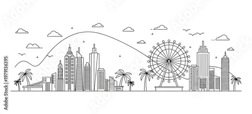 Wide panoramic line art city skyline silhouette with mountains ferris wheel and tropical palm trees