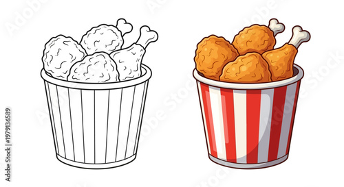 Fried Chicken Bucket Icon: Line Art and Full Color Comparison