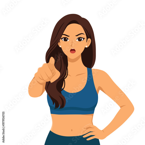 Angry Fitness Woman Pointing at Camera in Sports Bra, Scolding or Motivating Gesture. Flat Vector Character