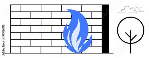 Cybersecurity, internet safety, data protection, firewalls, network security, threat prevention. A brick wall with a blue flame, a tree and a cloud icon. Cybersecurity and internet safety concept