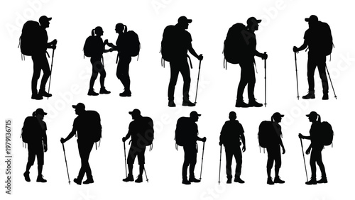 A collection of silhouetted hikers with backpacks and trekking poles depicted in various walking poses and orientations high quality professional detailed