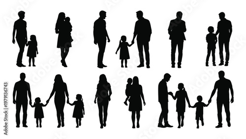 A collection of black silhouettes depicting families walking and holding hands showcasing diverse relationships and bonds high quality professional detailed modern