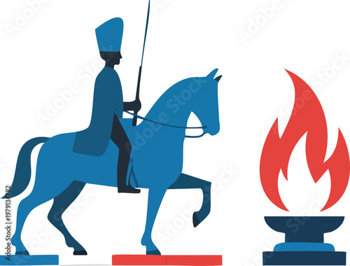 Flat vector illustration of historical French cavalry soldier on horseback with memorial flame isolated on white