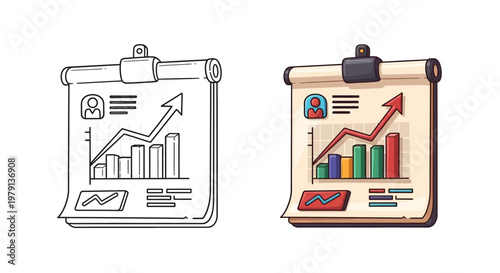 Hand-drawn illustration of a business graph on a clipboard, showing growth and progress