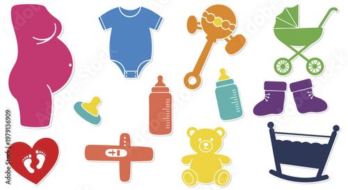 Collection of baby items and pregnancy symbols.