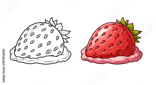 Hand-drawn strawberry illustration: outline and colored versions side-by-side