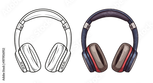 Headphones Line Art and Color Illustration Comparison
