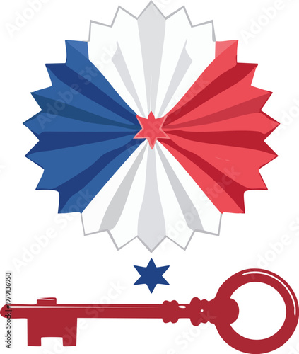 French tricolor cockade with vintage red key and stars isolated on black background