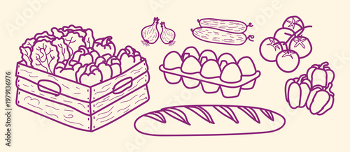 Set of fresh farm products, vegetables, eggs and bread, hand drawn vector illustration