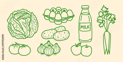 Set of hand drawn grocery items including cabbage, eggs, milk, potatoes, tomatoes, onions, apples and carrots, vector illustration