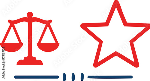 Scale of justice and star icon minimalist vector illustration