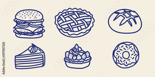 Set of hand drawn food icons, including burger, pie, bread, cake slice, cupcake and donut, vector illustration