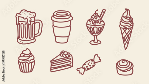 Set of hand drawn food and drink icons, including beer mug, coffee cup, ice cream sundae, ice cream cone, cupcake, cake slice, candy and cinnamon roll