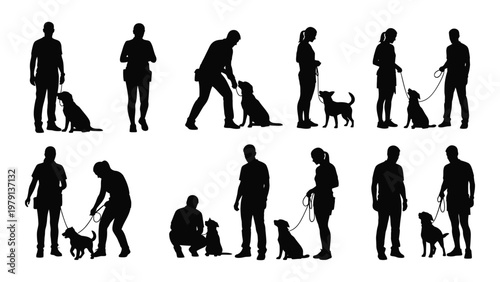 A collection of black silhouettes depicts people with their canine companions in various standing and walking poses high quality professional detailed