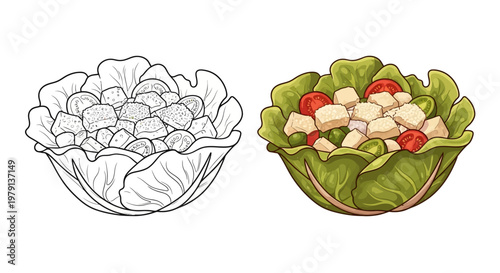 Healthy Salad in Cabbage Bowl: Line Art and Full Color Comparison