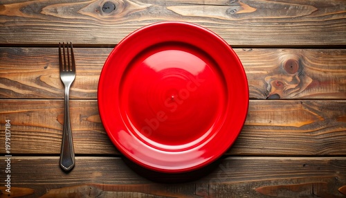 A red plate and silver fork on a wooden table
