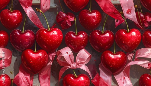 A heart-shaped cherry pattern with pink ribbons on a gray background