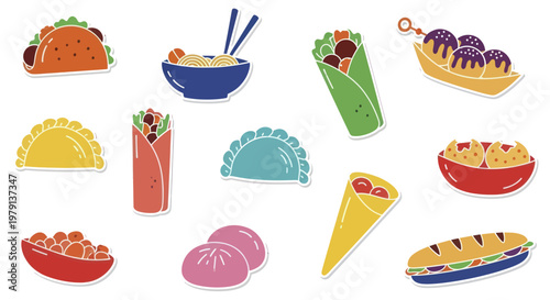 Collection of diverse international street food dishes and snacks.