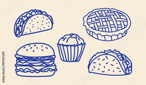 Set of handdrawn food icons including a taco, a burger, a muffin, and a pie, doodle style illustration of popular snacks and desserts