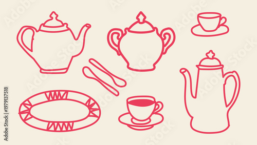 Set of handdrawn tea time elements, including teapots, cups with saucers, spoons, and a decorative plate, pink line art on a light background