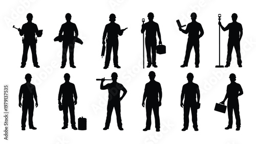 A collection of silhouetted construction workers in various poses each holding tools or equipment for different jobs high quality professional detailed