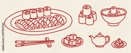Set of sushi, rolls, chopsticks, teapot and ginger, hand drawn vector illustration in doodle style