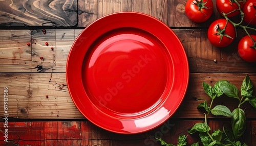 A red plate on a wooden table with tomatoes and herbs