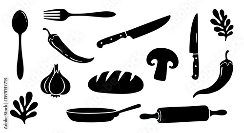 Collection of Kitchen Utensils and Food Ingredients Silhouettes.