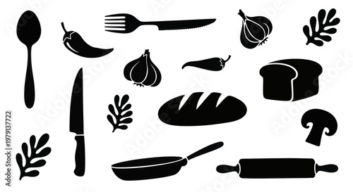 Collection of Kitchen Utensils and Food Items Silhouette.