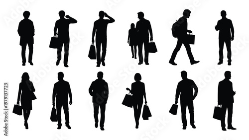 A collection of silhouetted figures including people carrying shopping bags walking and standing in various poses high quality professional detailed modern