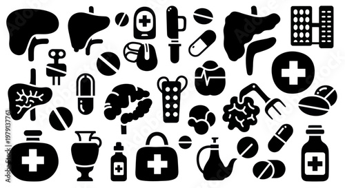 Collection of Medical Icons and Symbols Representing Healthcare and Science.
