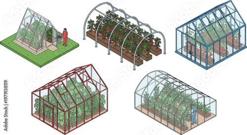 Greenhouse Farming Structures Collection with Glasshouses and Tunnel Greenhouses Growing Plants Agricultural Flat Vector Illustration Set
