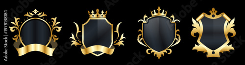 Black gold label badges design set. Golden retro frame with black. empty vintage frame. Simple golden luxury vintage design. Blank mockup of retro gold frame. isolated vector illustration