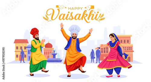 Festive vector art depicts three figures celebrating the Vaisakhi harvest festival in traditional Punjabi attire, set against a stylized cityscape with warm lighting that evokes the joyful