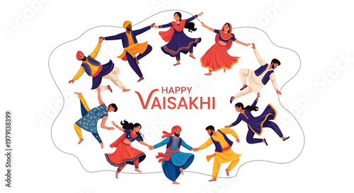Cheerful Punjabi dancers celebrating the Vaisakhi harvest festival by forming a circle on a white background in a vibrant vector illustration, capturing the spirit of the Sikh festival
