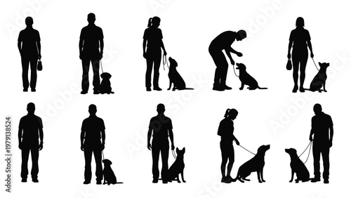 A collection of black silhouette figures depicting people walking dogs in various poses and arrangements high quality professional detailed modern elegant