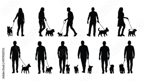 A collection of black silhouette figures depicting people walking their dogs on leashes in a simple uniform style high quality professional