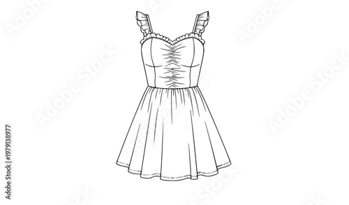 Frill sleeveless sun dress with ruching detail for teen and kid girls cute summer fashion vector isolated on white background