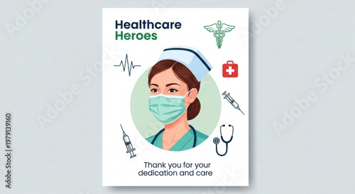 Healthcare heroes poster with a masked nurse and medical symbols