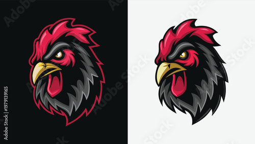 An aggressive rooster head mascot logo with a fierce expression vector illustration.