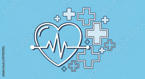 Heart shape with medical heartbeat line and pharmacy crosses illustration