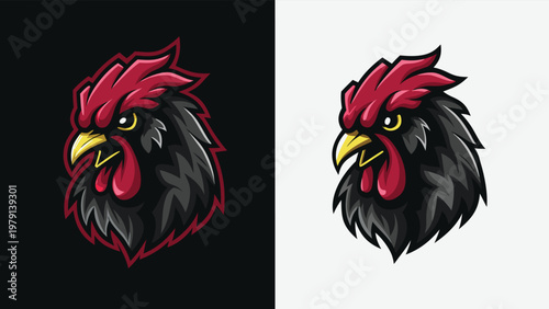 An aggressive rooster head mascot logo with a fierce expression vector illustration.