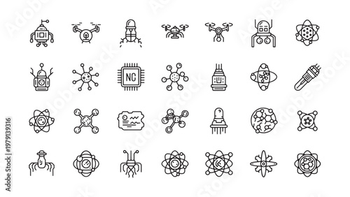 Science icons, biology symbols, molecular structures, laboratory signs, 25 line icons