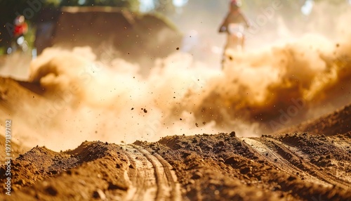 Racing motorcycles kick up massive dust clouds on a dirt track.