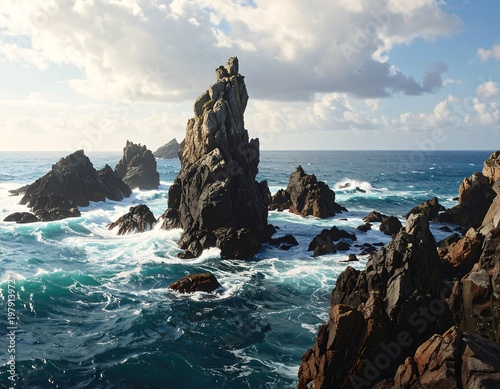 A rugged rocky coastline with waves crashing against the shore under a cloudy sky